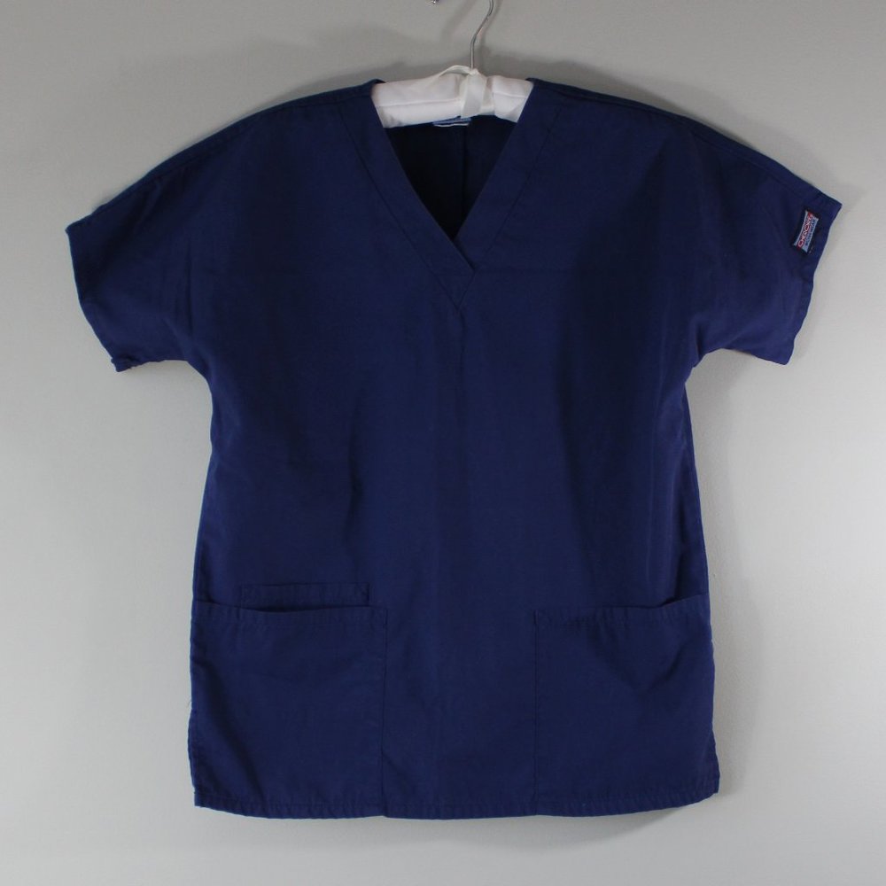 Cherokee Workwear Scrub Top - Size XS, 3 Pockets, V-neck, Side Sits, Navy Blue